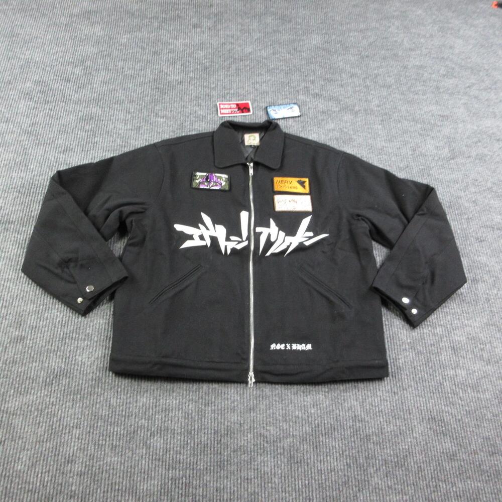 Jacket Mens L Black Bomber Anime NERV Patches Full Zip Lined Cotton Twill NWOT